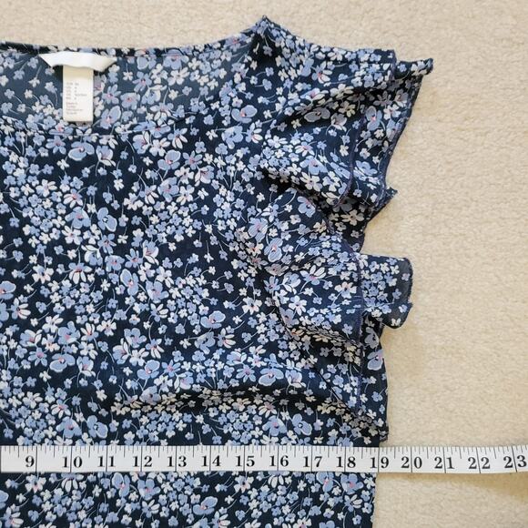 EUC H&M Size 6 Tiered Flutter Sleeve Pullover Chiffon Top Blouse Blue Floral - Picture 5 of 9